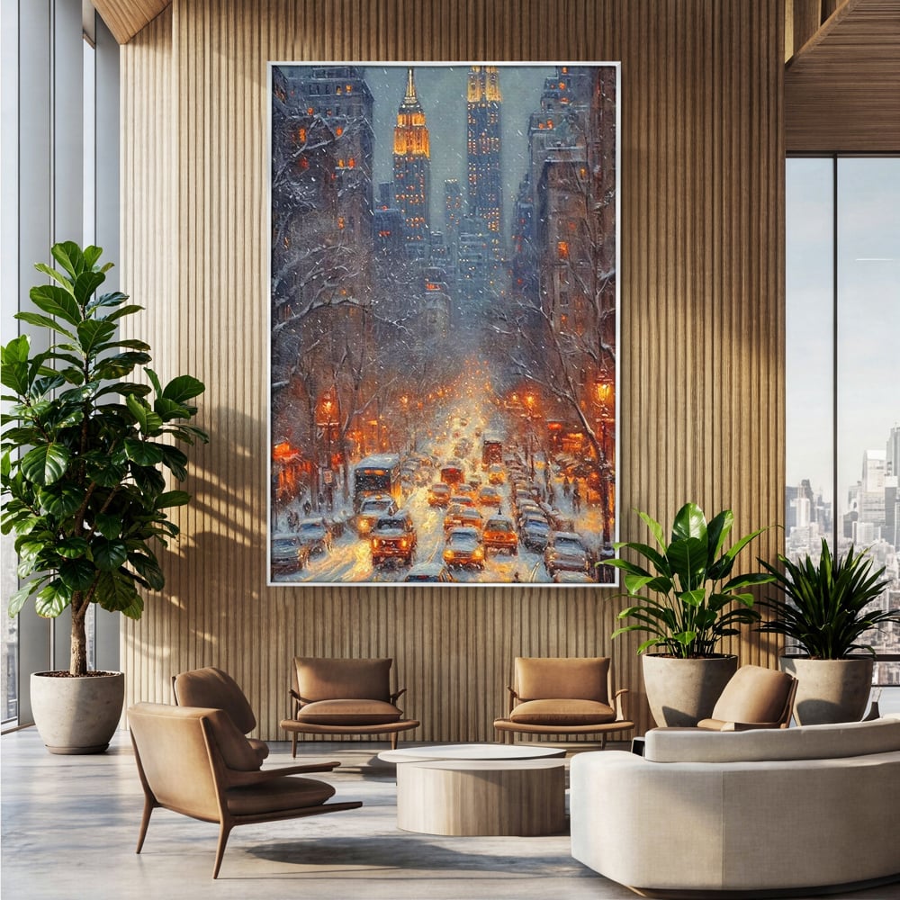 Tablou canvas cu pictura cu bulevard inzapezit si masini, in rama de aluminiu argintiu, pe perete intr-un birou